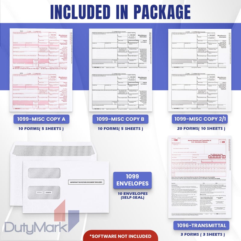 Dutymark DuryMark 1099 Misc Tax Forms 2025 with Envelopes, 10 Vendor Kit for 4 Part Tax Form, Compatible with QuickBooks and Accountings Software, Self Seal Envelopes, Made in USA - Image 2